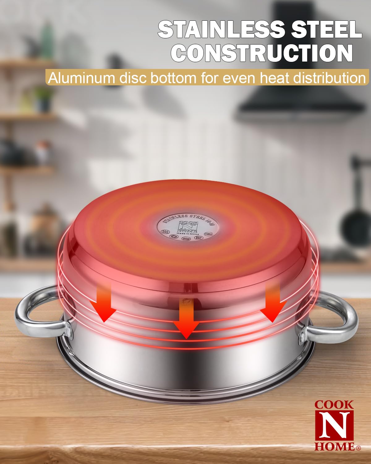 Cook N Home pot on stovetop in kitchen scene showing family-size meal prep
