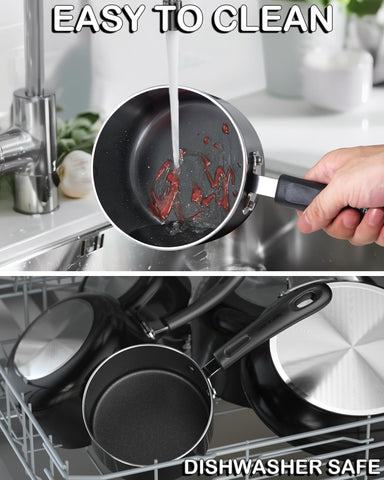 Cook N Home saucepan next to measuring cup showing 2-quart size and scale