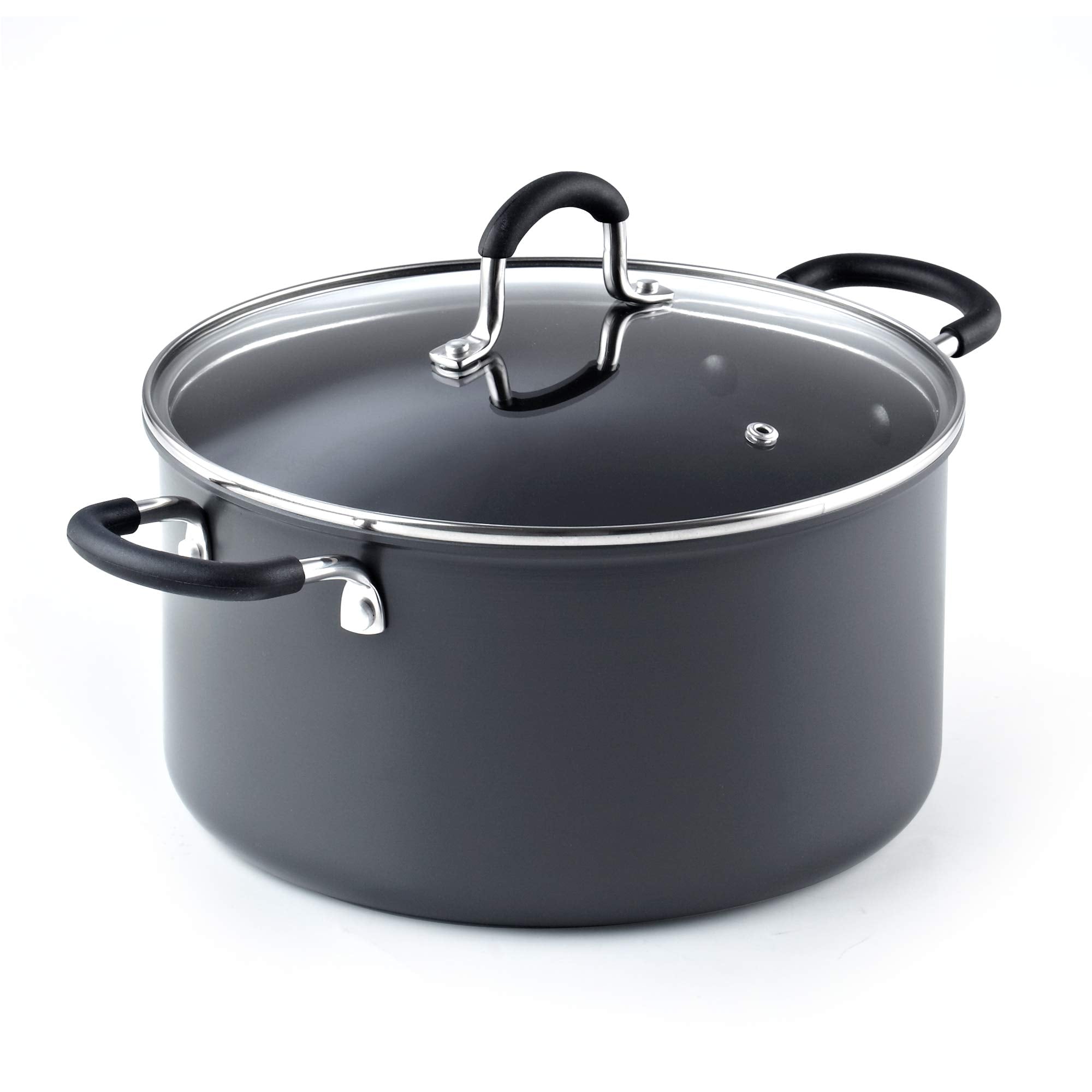Cook N Home front view of 6-quart pot showing sleek black finish and lid, durable and versatile