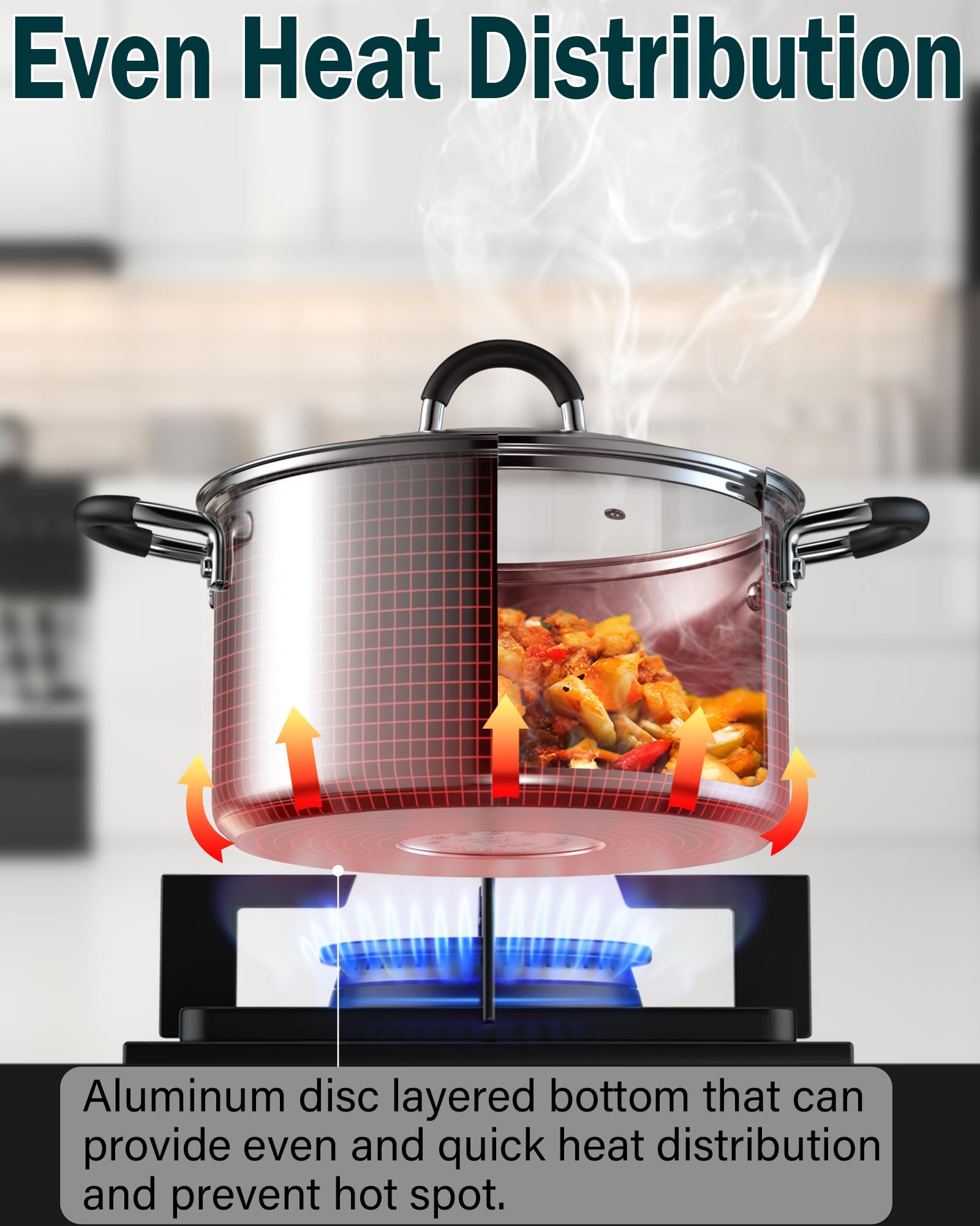 Cook N Home 5 quart stockpot in use on stovetop demonstrating large-batch cooking capacity and steam vent
