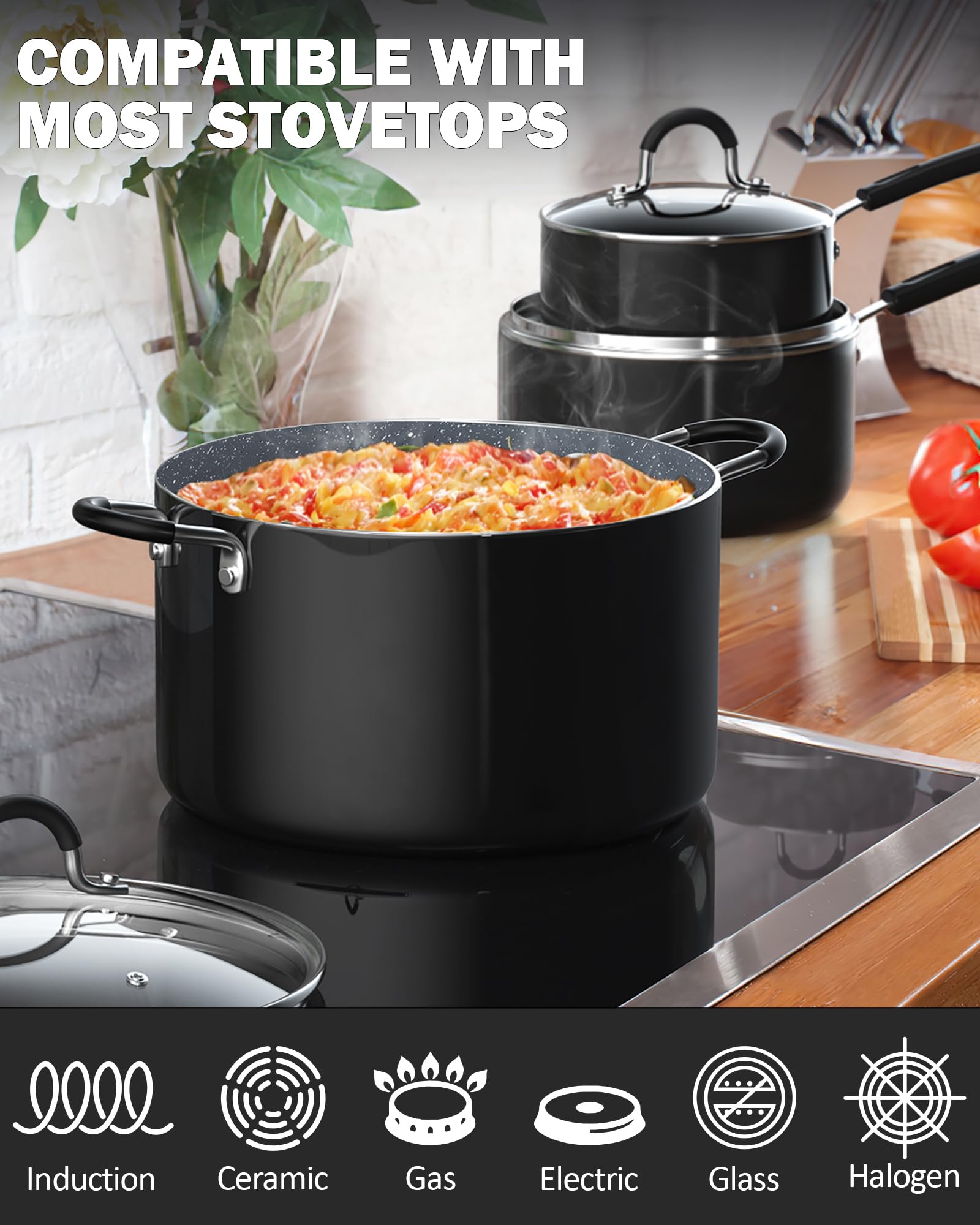 Cook N Home tempered glass lid detail showing clear view and steam vent benefit