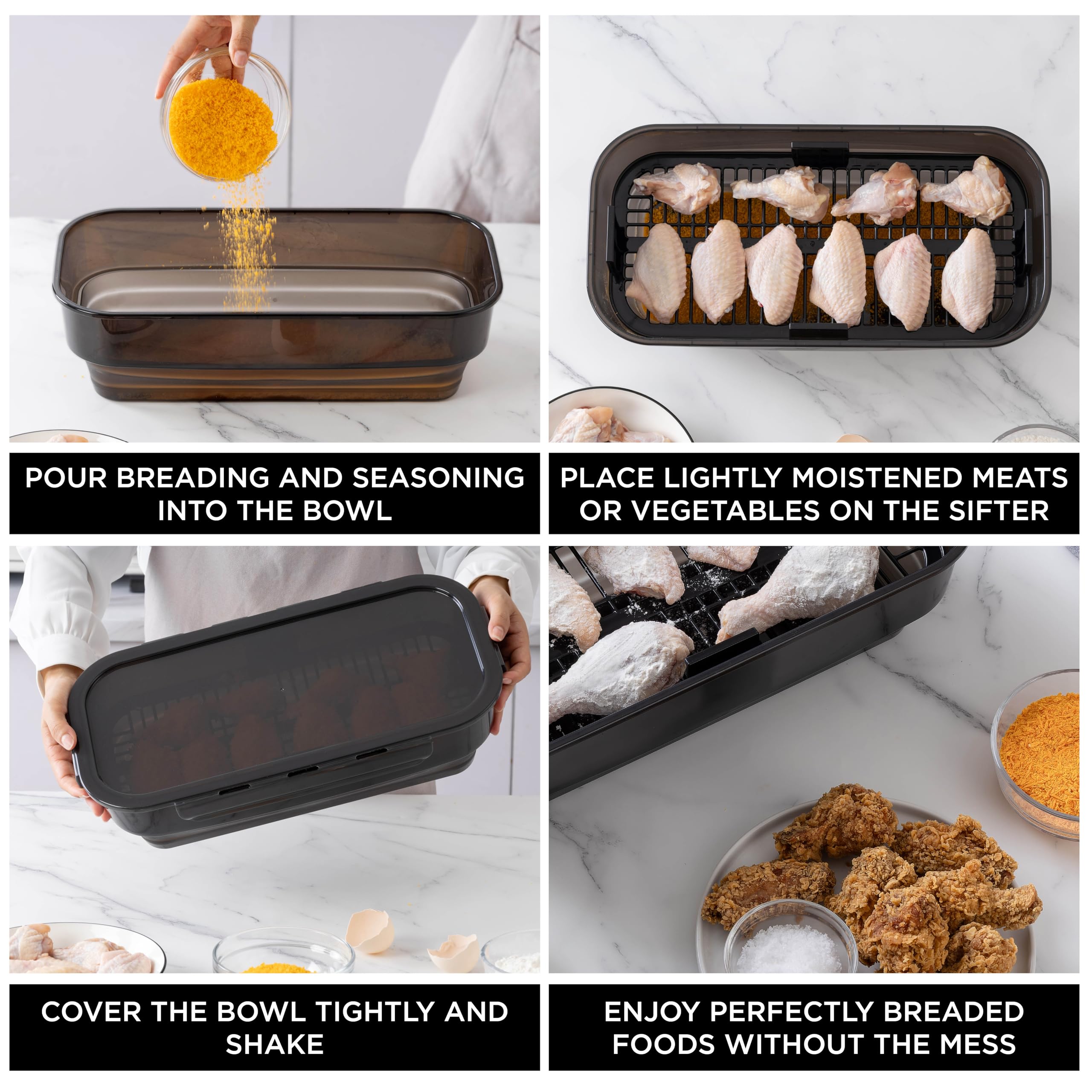 COOK WITH COLOR bowl in use coating chicken pieces showing faster prep and less mess benefit