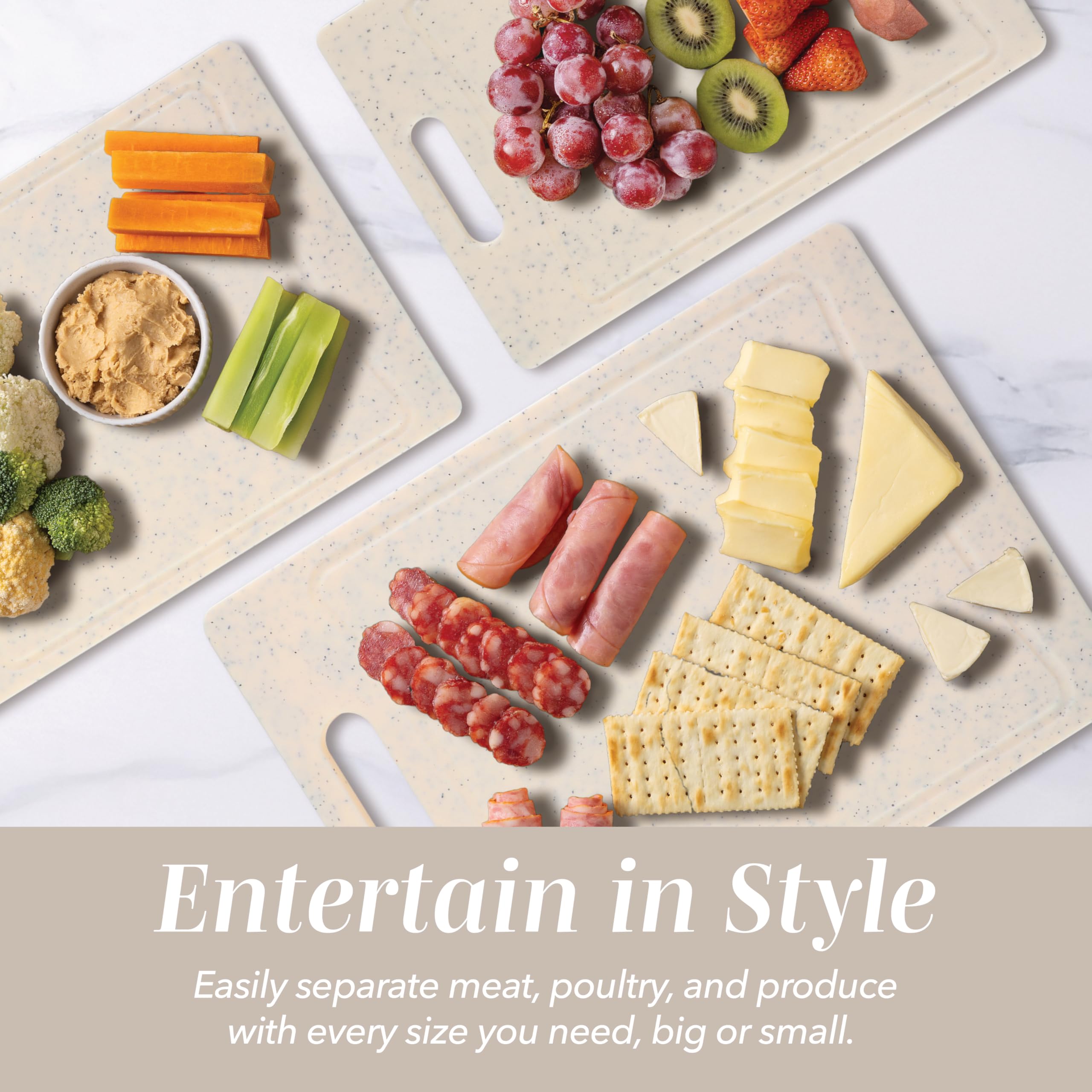 COOK WITH COLOR boards in use chopping colorful vegetables for safe prep