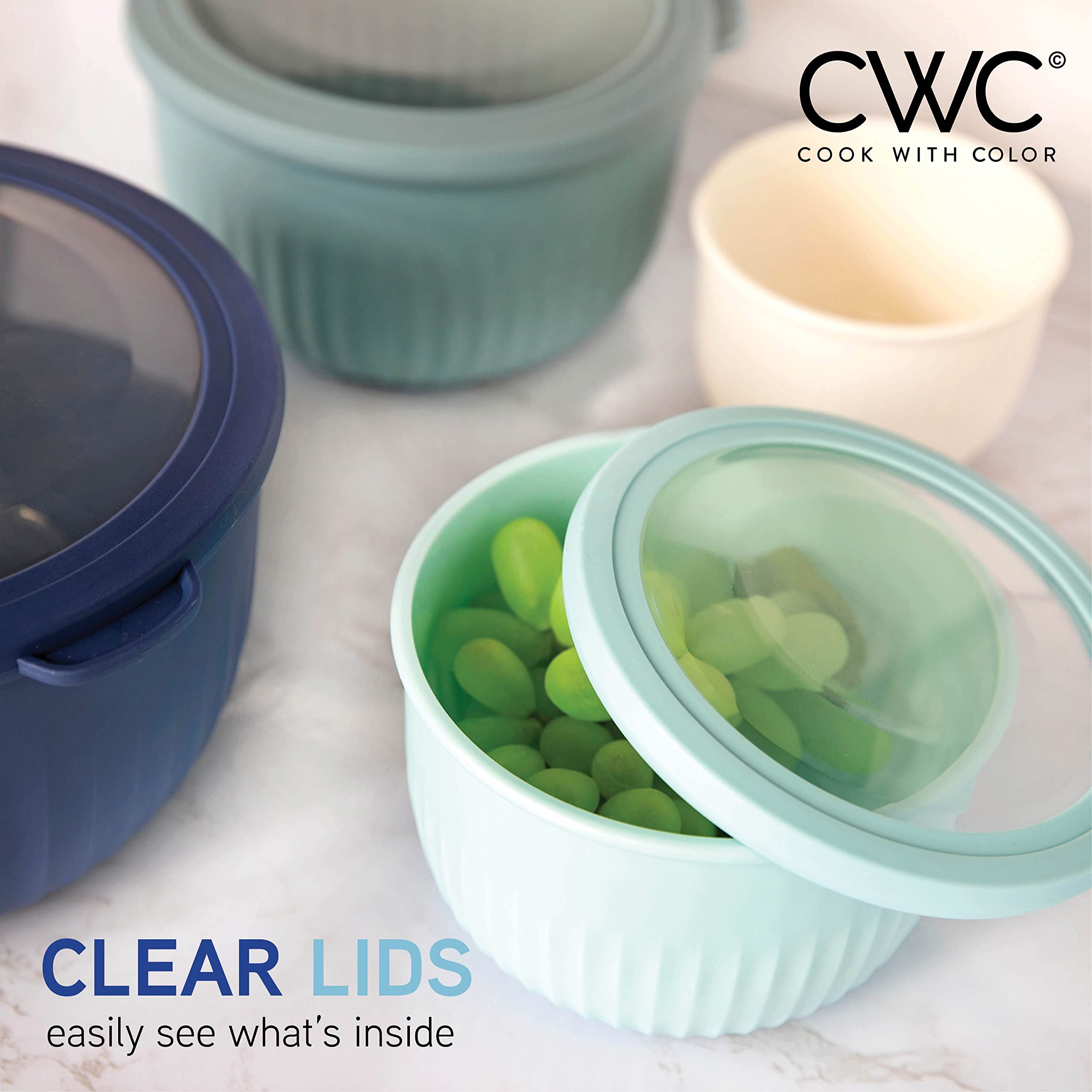 COOK WITH COLOR bowls inside refrigerator showing tidy, stackable food storage
