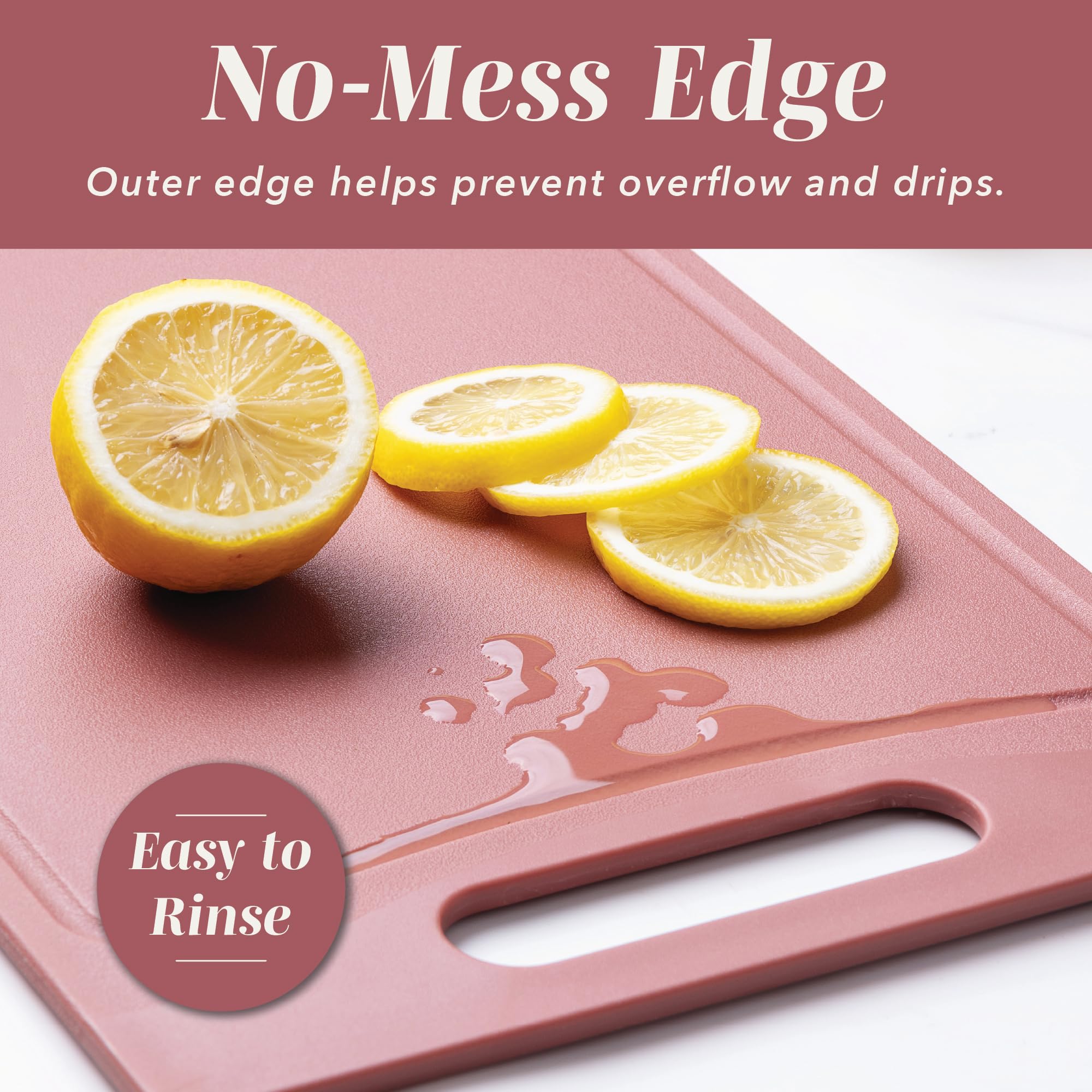 COOK WITH COLOR easy-grip handle detail, provides safe carrying and hanging