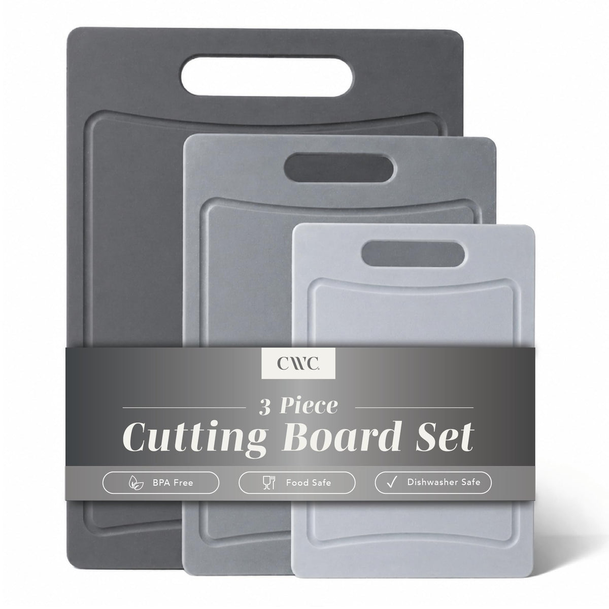 COOK WITH COLOR front view of gray three-piece cutting board set showing sizes and finish benefits