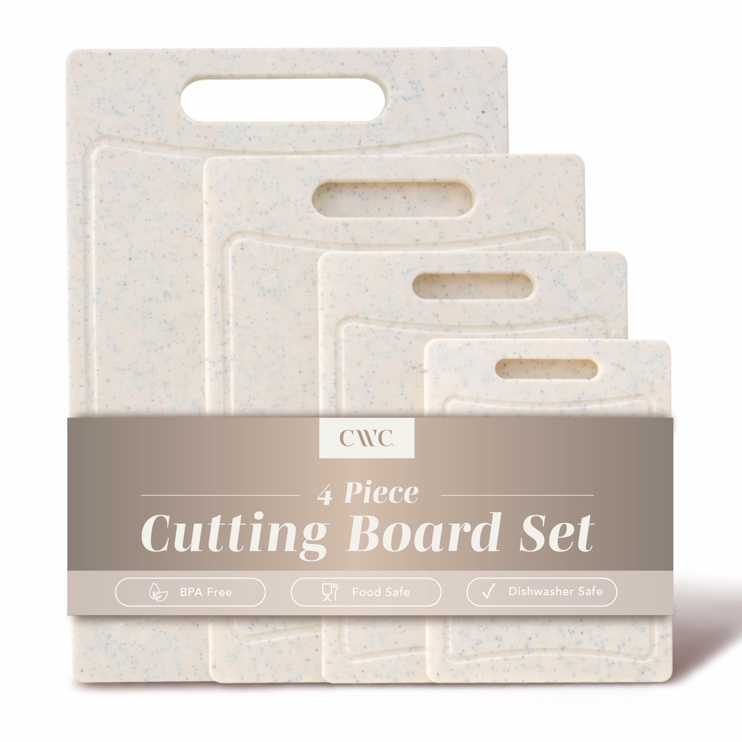 COOK WITH COLOR front view showing four speckled white cutting boards and style