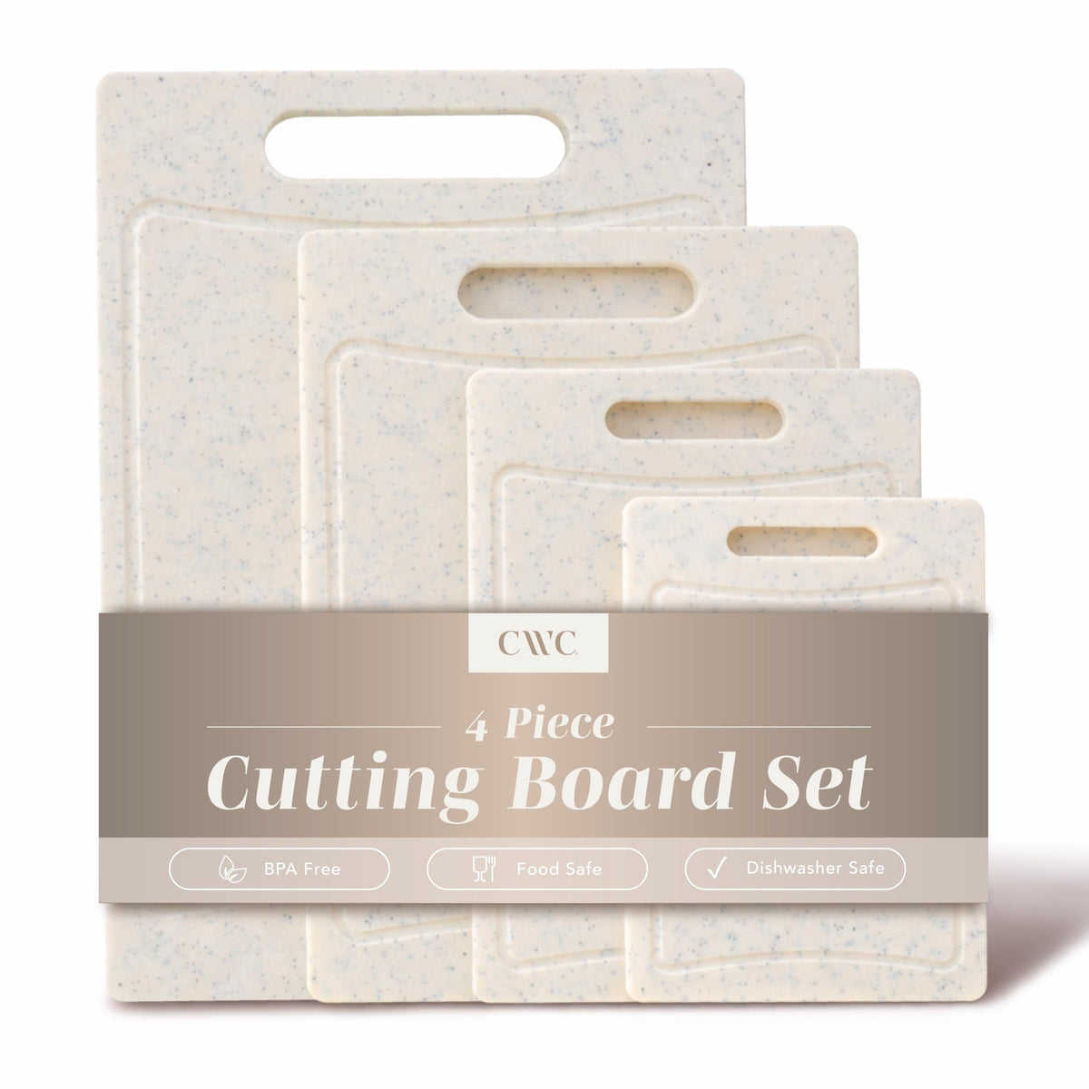 COOK WITH COLOR front view showing four speckled white cutting boards and style