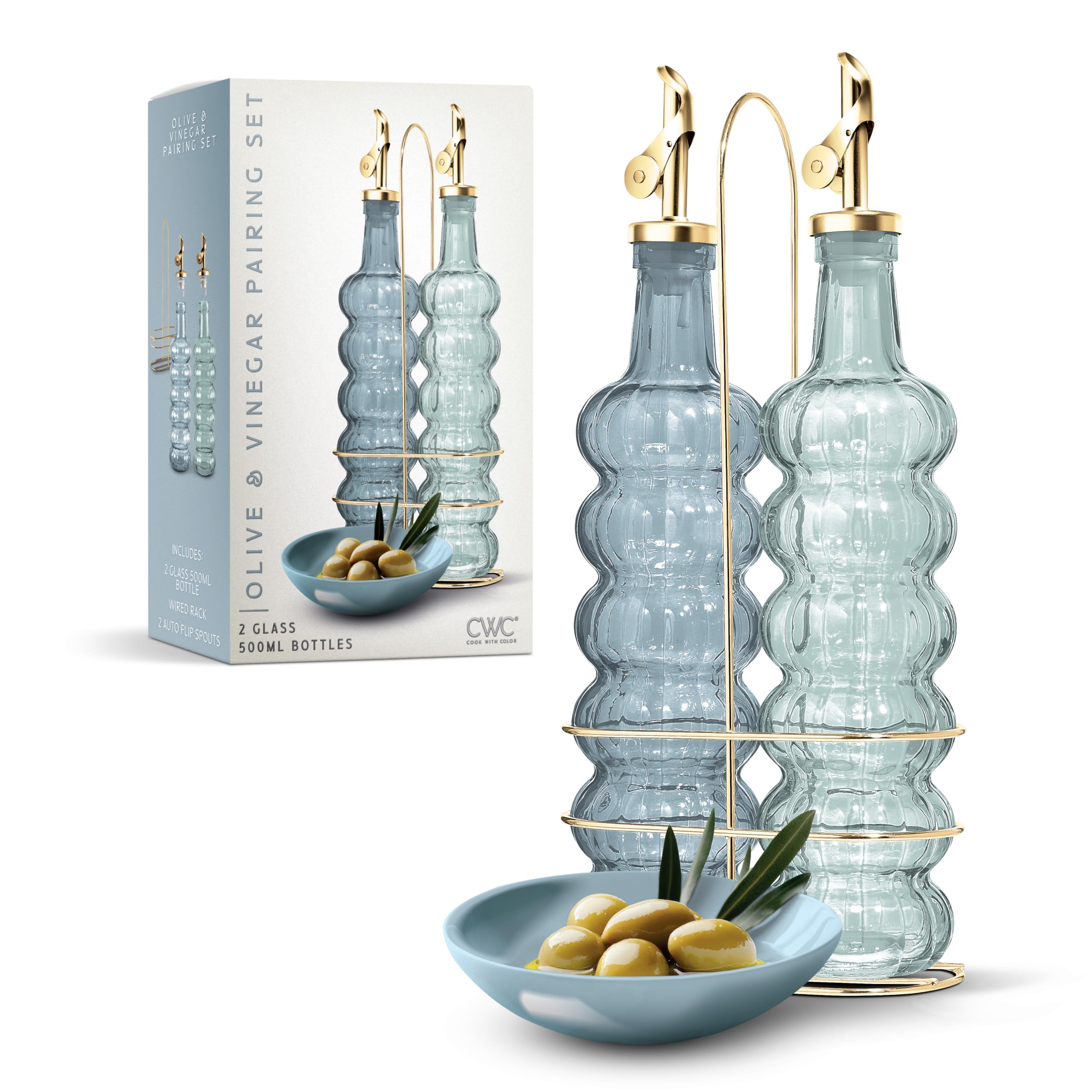 COOK WITH COLOR front view of two blue cruets showing elegant kitchen display benefit