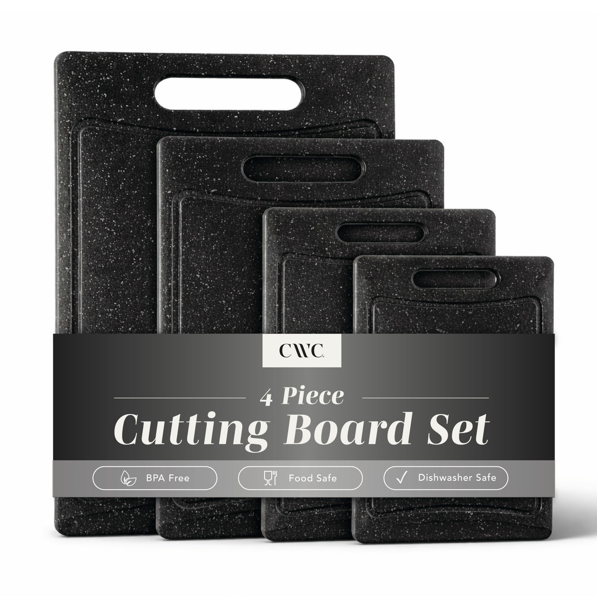 COOK WITH COLOR front view of four cutting boards showing colors and sizes for organization