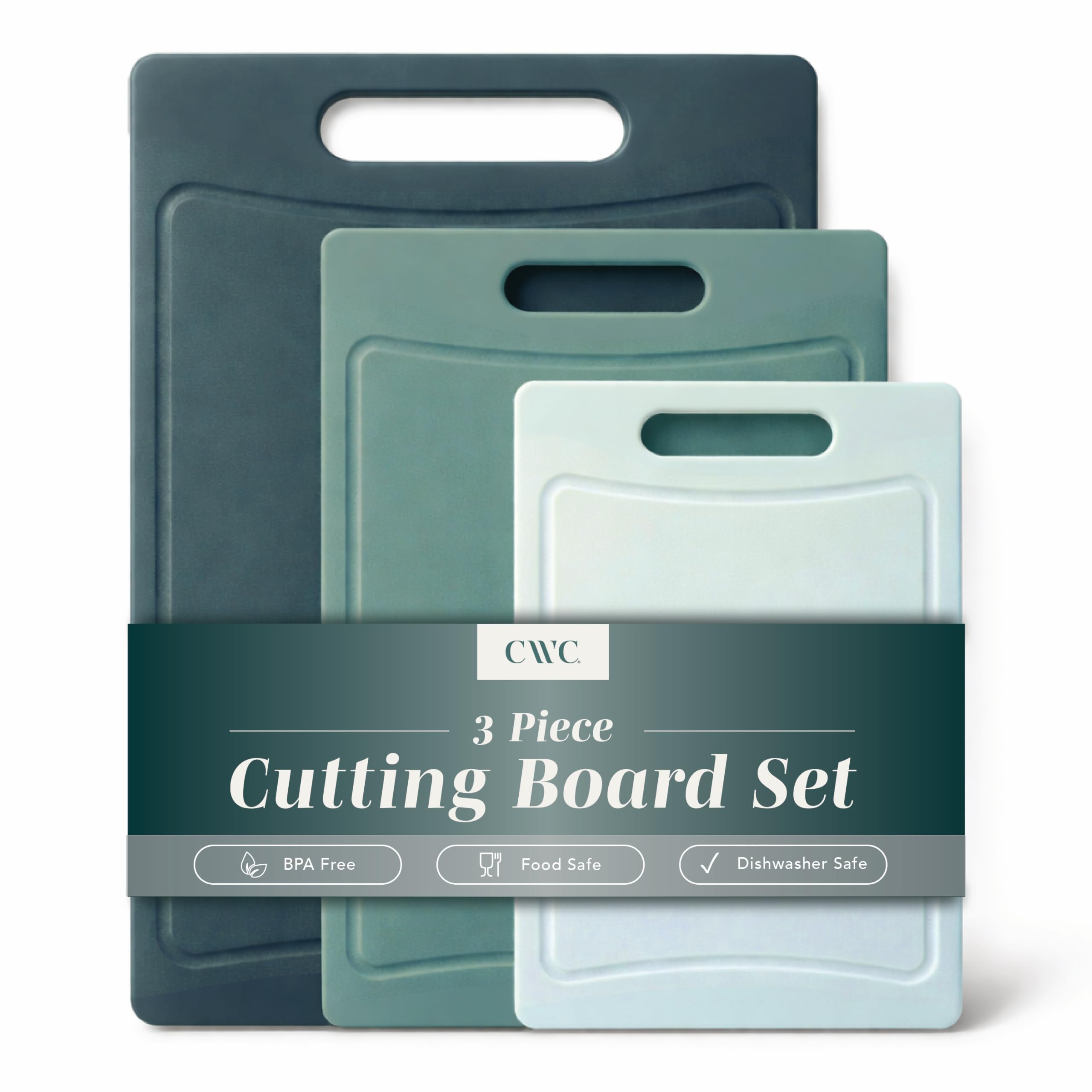 COOK WITH COLOR front view of teal cutting board set showing sizes and finish