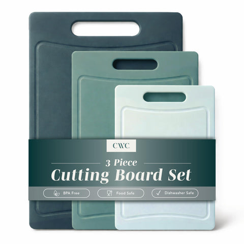 COOK WITH COLOR front view of teal cutting board set showing sizes and finish