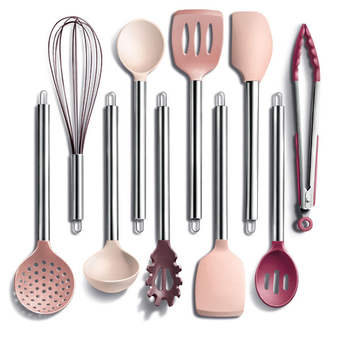 COOK WITH COLOR front view of 10-piece rose set showing all utensils and tidy organization