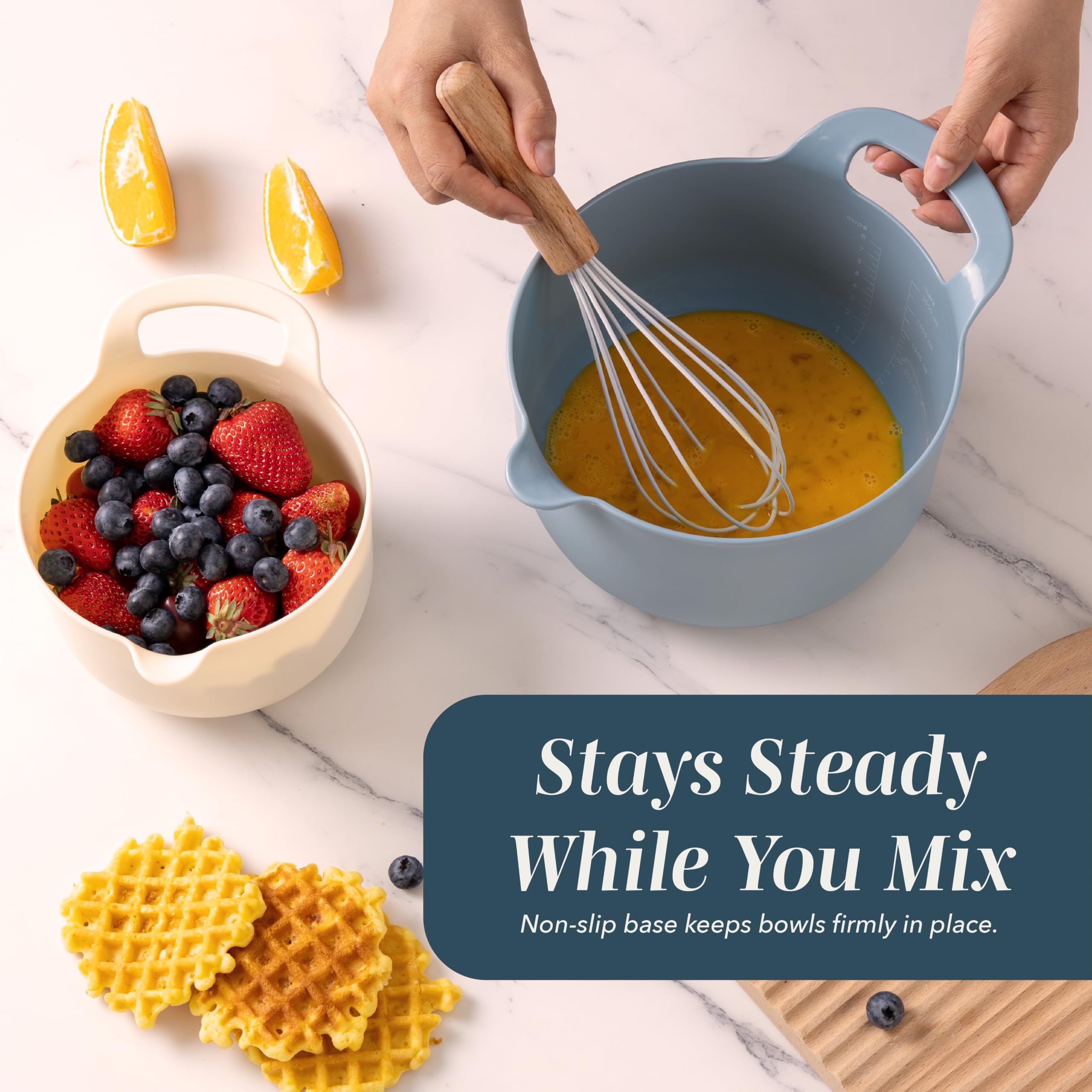 COOK WITH COLOR pouring batter from bowl into pan to show ease of transfer