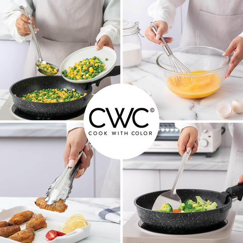 COOK WITH COLOR masher and serving spoon detail demonstrating durable stainless steel