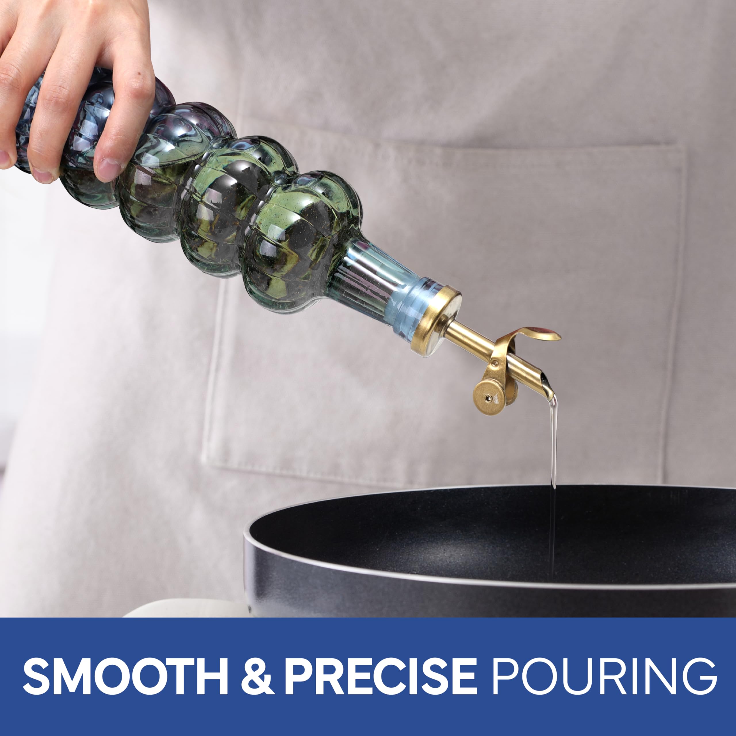 COOK WITH COLOR pouring olive oil from cruet into pan for controlled, mess-free use