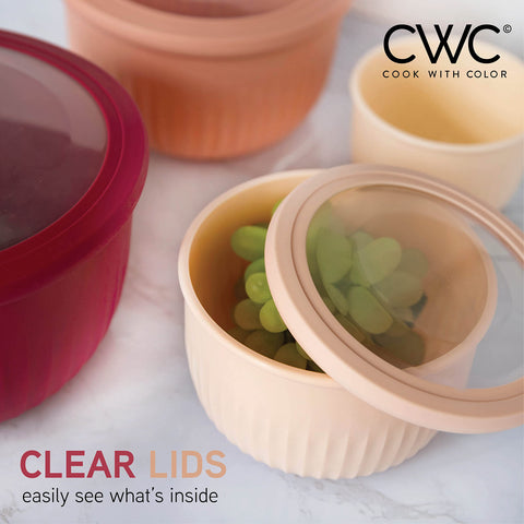 COOK WITH COLOR bowls beside measuring cups for size comparison and capacity clarity