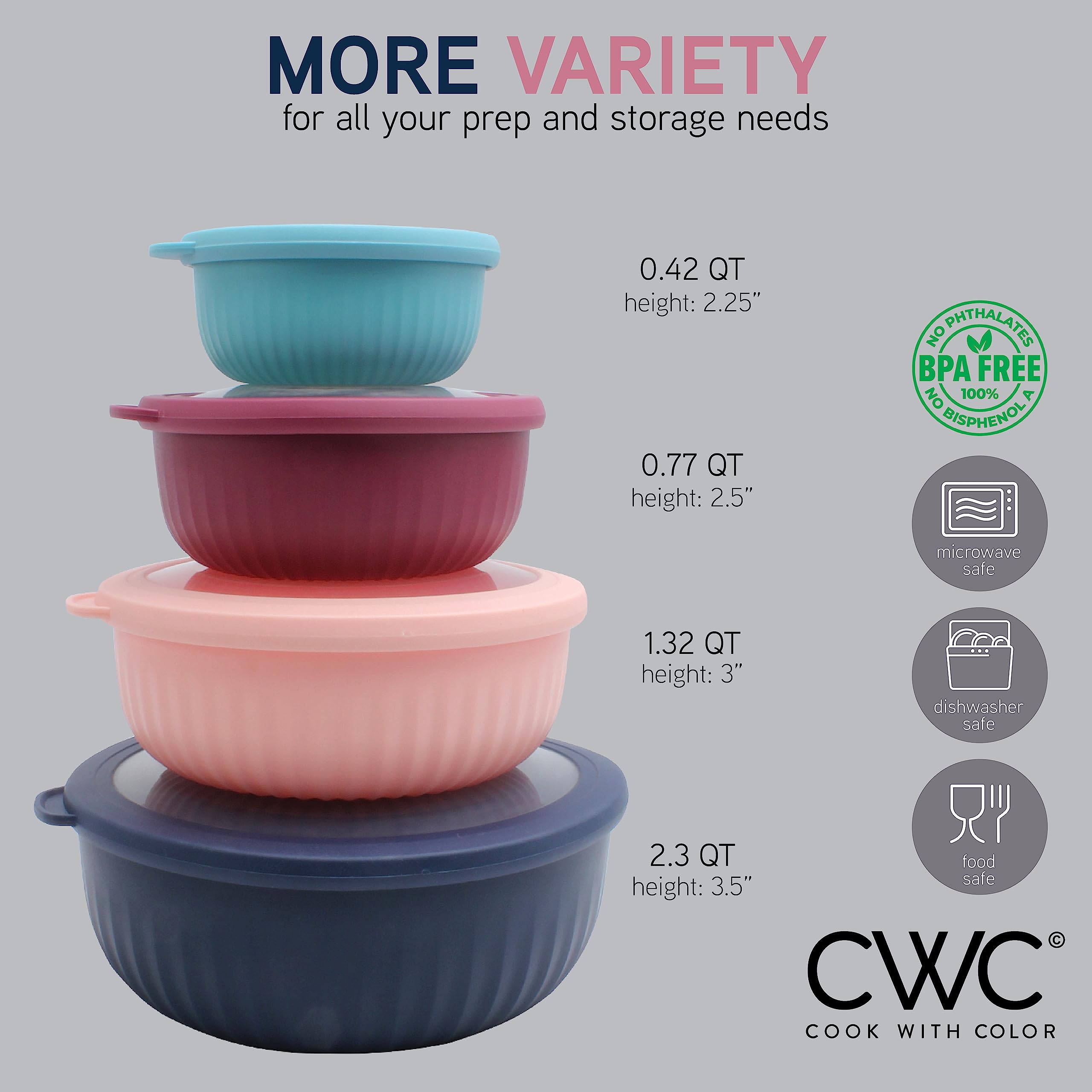 COOK WITH COLOR bowls beside a wooden spoon showing size scale and versatile portioning
