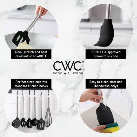 COOK WITH COLOR utensils next to a coffee mug showing real-world scale
