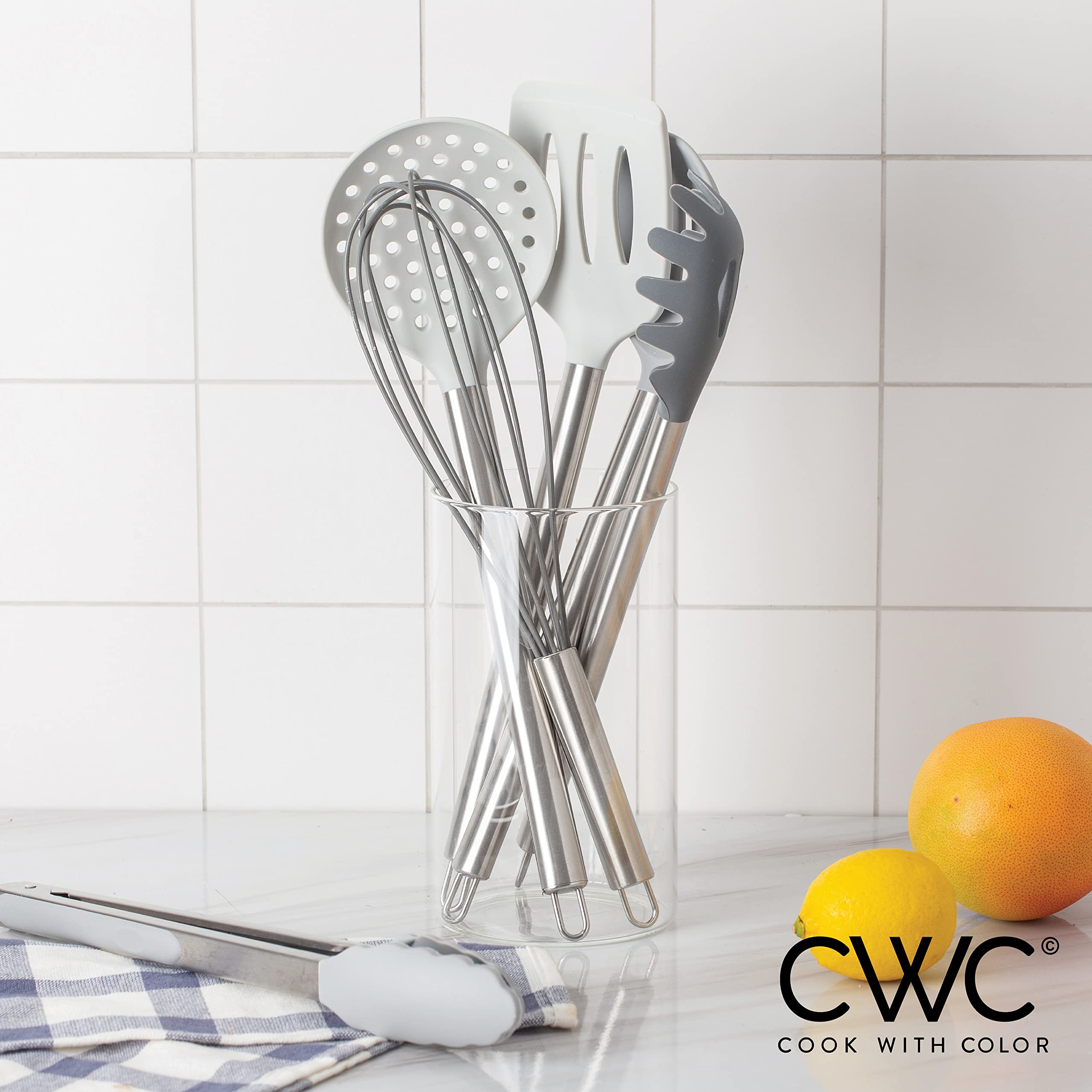 COOK WITH COLOR whisk mixing batter showing flexible silicone wires that resist staining and odor