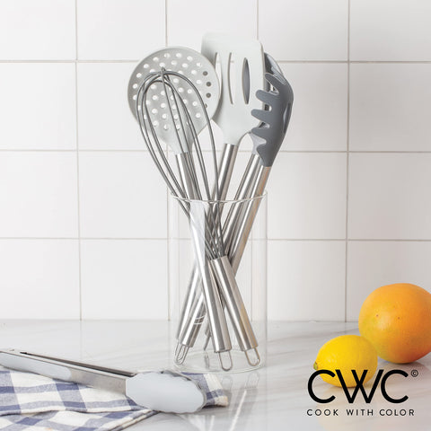 COOK WITH COLOR whisk mixing batter showing flexible silicone wires that resist staining and odor