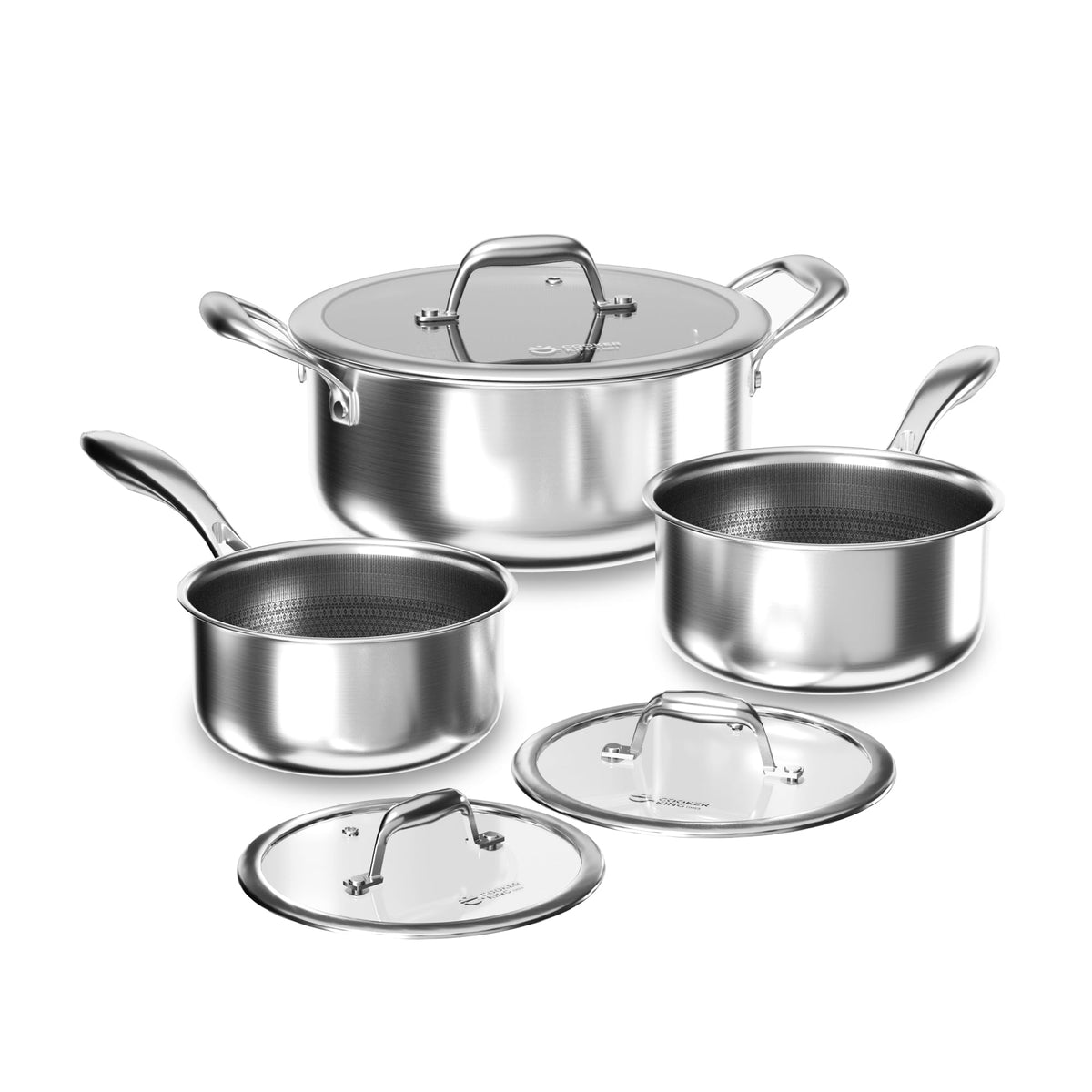 COOKER KING front view of three-piece pot set, shows versatile sizes and finish