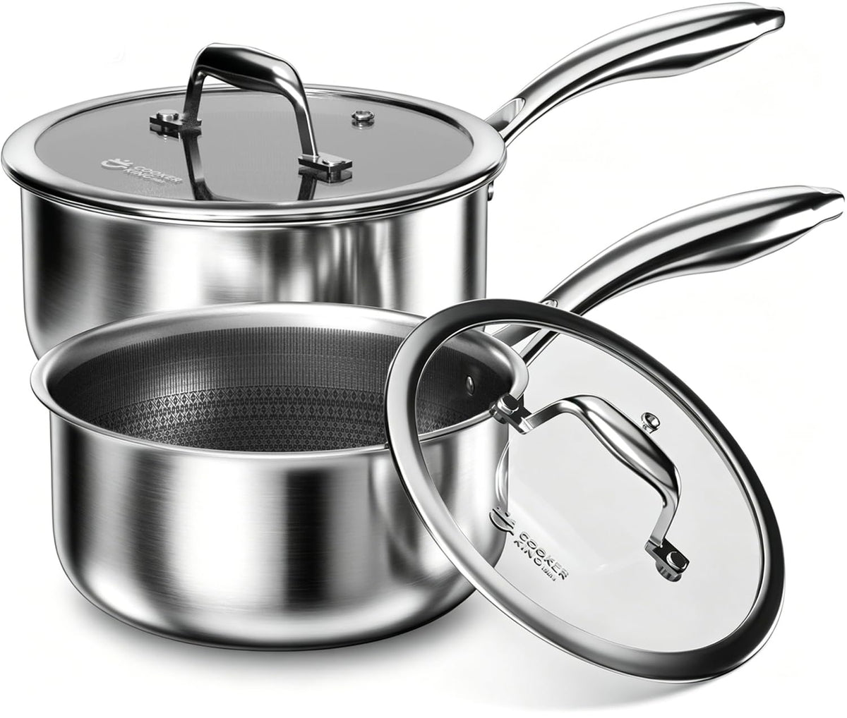 COOKER KING front view of both saucepans with lids showing compact set and polished finish