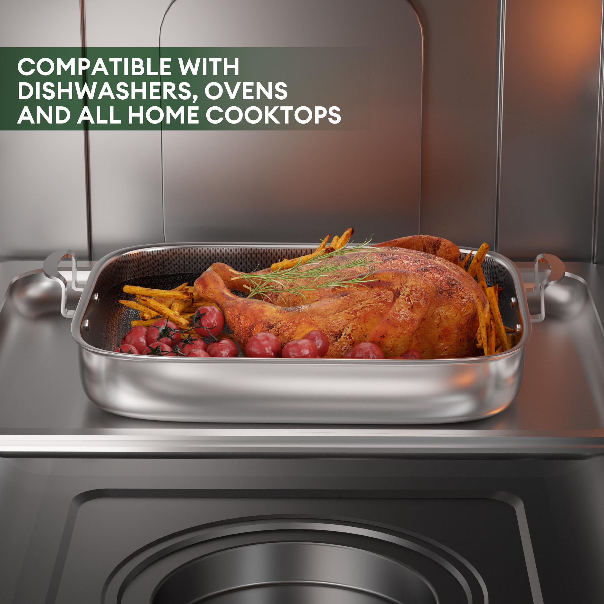 COOKER KING hand holding pan for scale to show large 18x15-inch capacity advantage