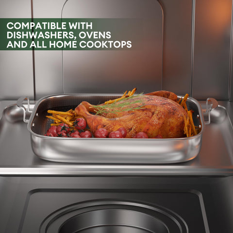 COOKER KING hand holding pan for scale to show large 18x15-inch capacity advantage