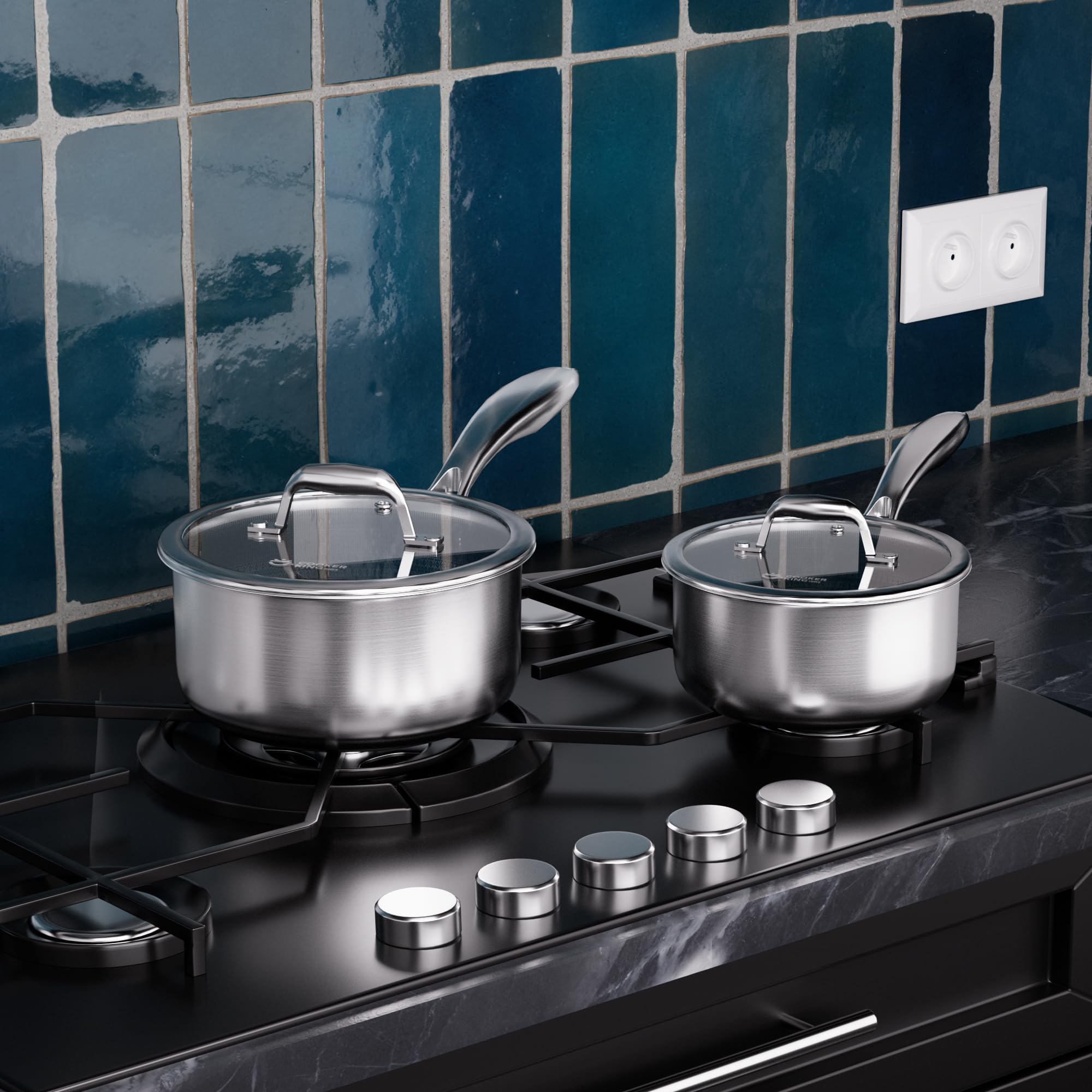 COOKER KING saucepan beside measuring cup illustrating 1.5 qt and 2 qt size scale