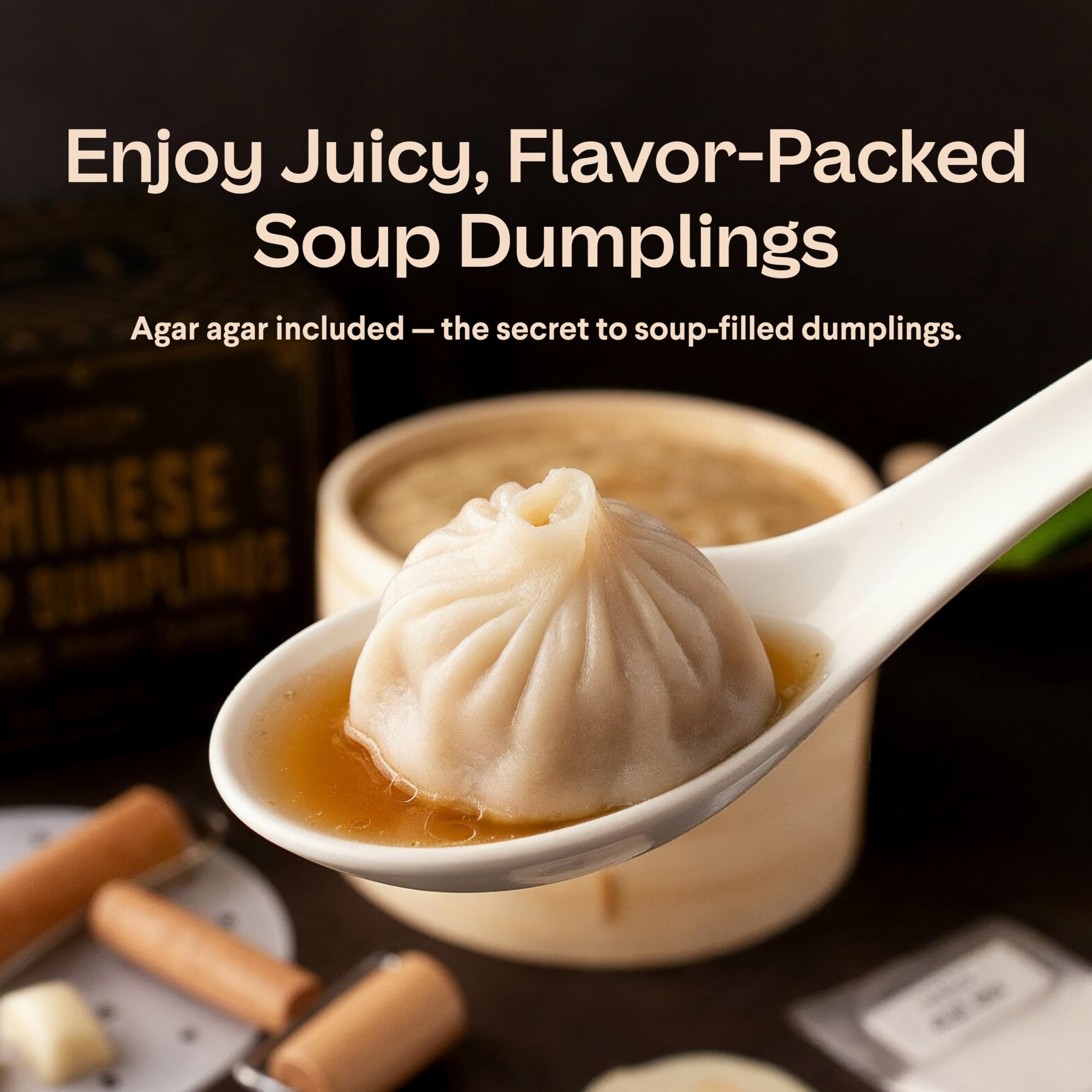 Cooking Gift Set dumpling kit contents laid out showing agar agar and tools for learning