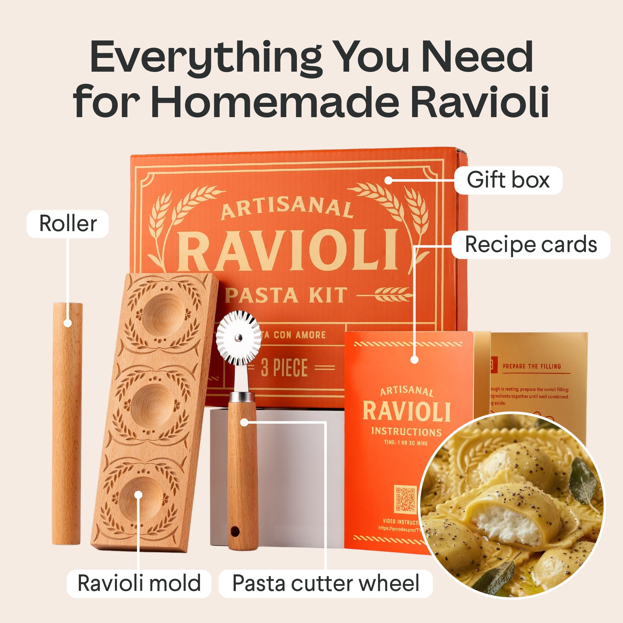 Cooking Gift Set wooden ravioli mold top view showing cavity detail for uniform results