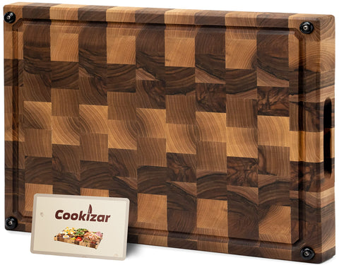 Cookizar walnut cutting board front view showing full grain and form, enhancing kitchen style