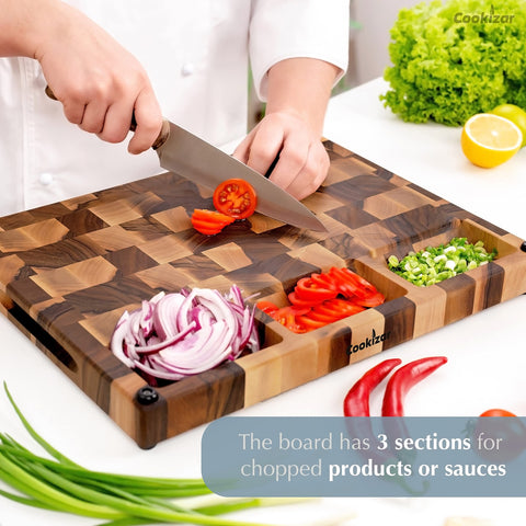 Cookizar board in use chopping vegetables, offering stable cutting surface
