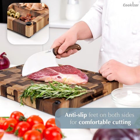 Cookizar edge profile showing board thickness and sturdy butcher-block construction