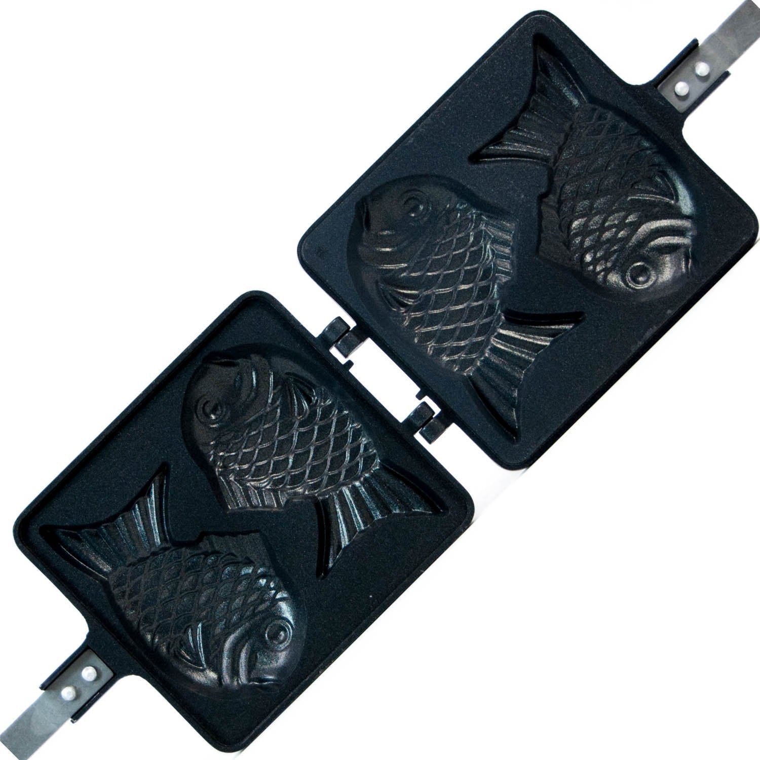COOKKING front view of double taiyaki pan showing fish-shaped cavities and nonstick surface