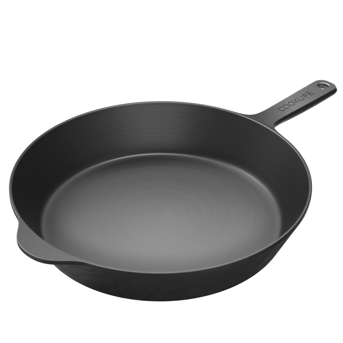 COOKLIFE 12-inch cast iron skillet front view showing sleek profile and ready-to-use benefit