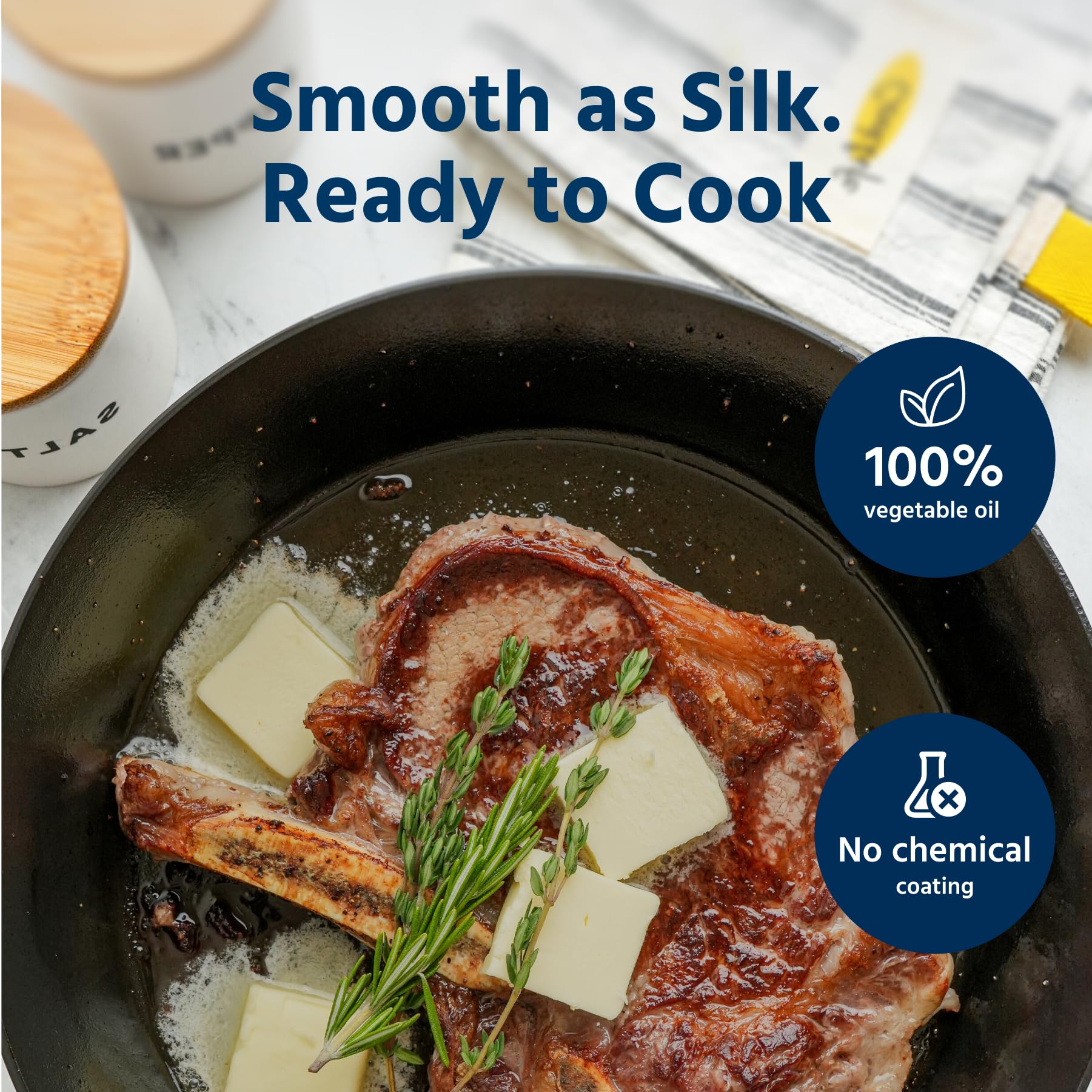 COOKLIFE skillet searing steak to show high-heat performance and even browning