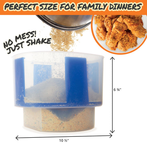 COOK'S CHOICE breading bowl mid-shake containing coated chicken pieces neatly