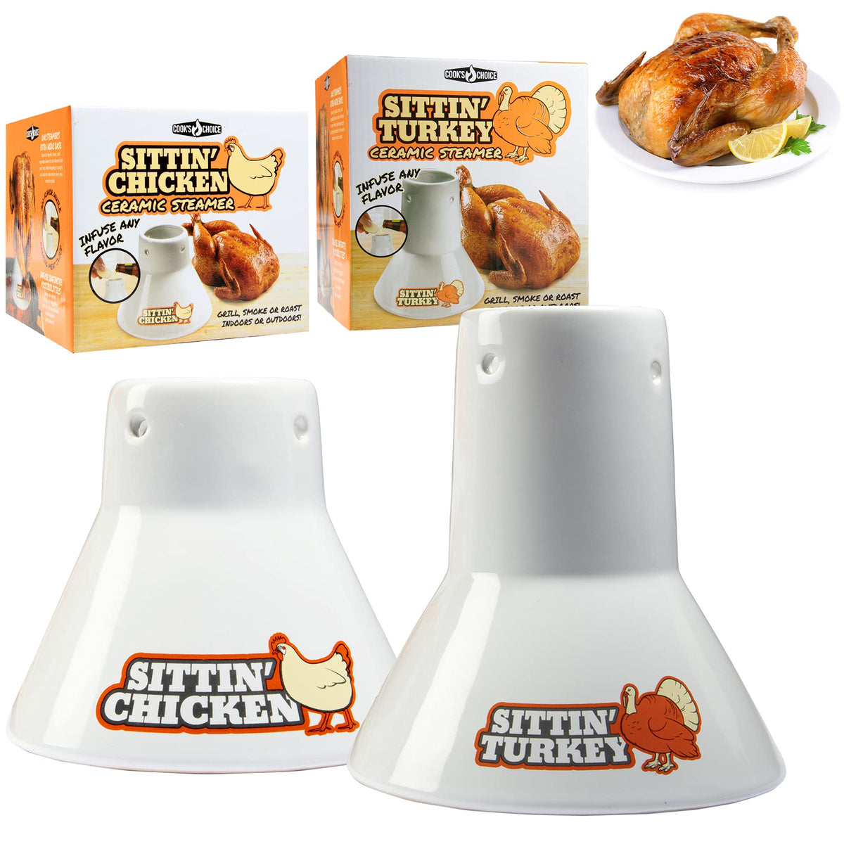 COOK'S CHOICE front view of both ceramic roasting cones showing set benefit