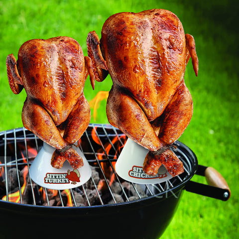 COOK'S CHOICE chicken on ceramic cone cooking on grill for juiciness