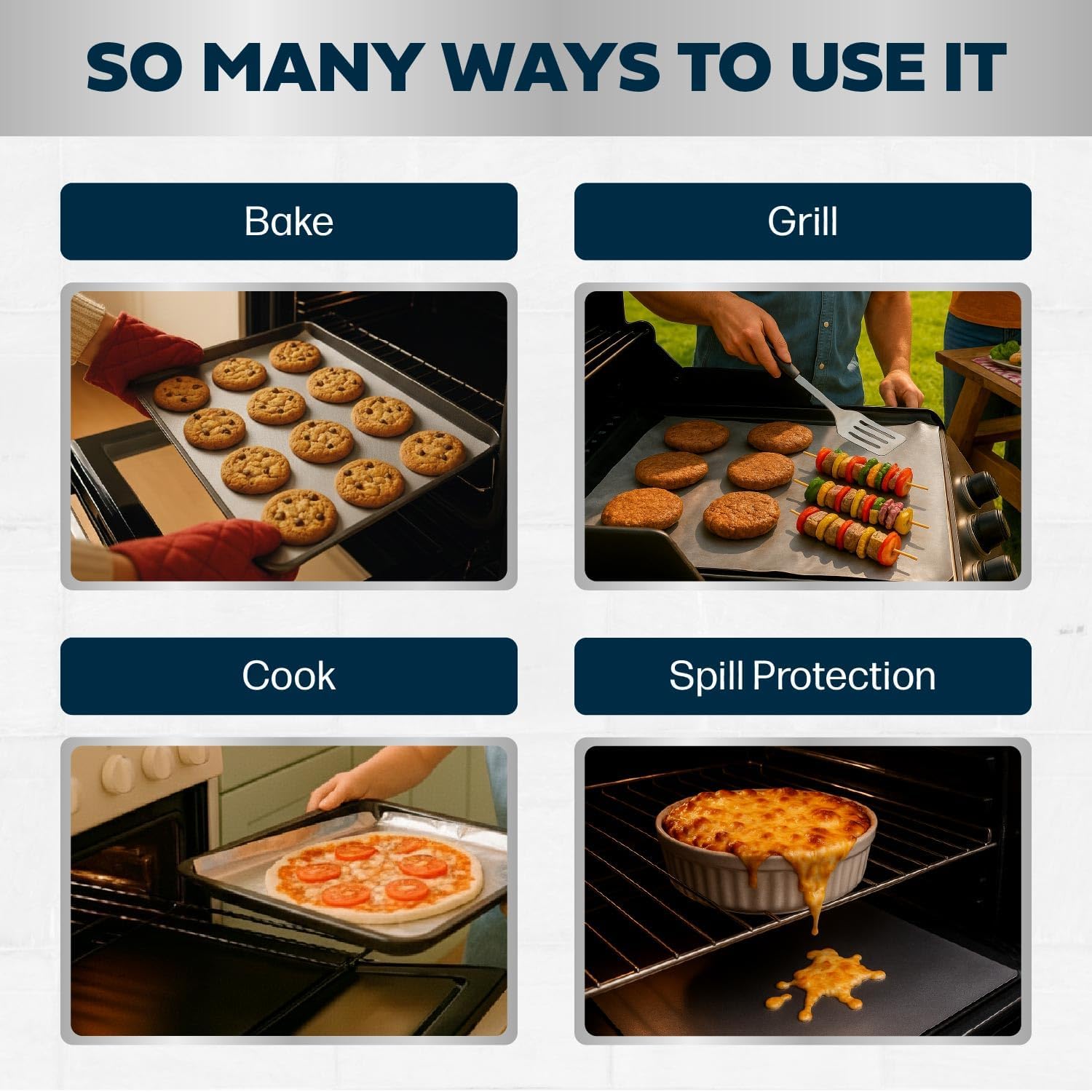 Cooks Innovations under pizza catching grease and preventing burned-on messes