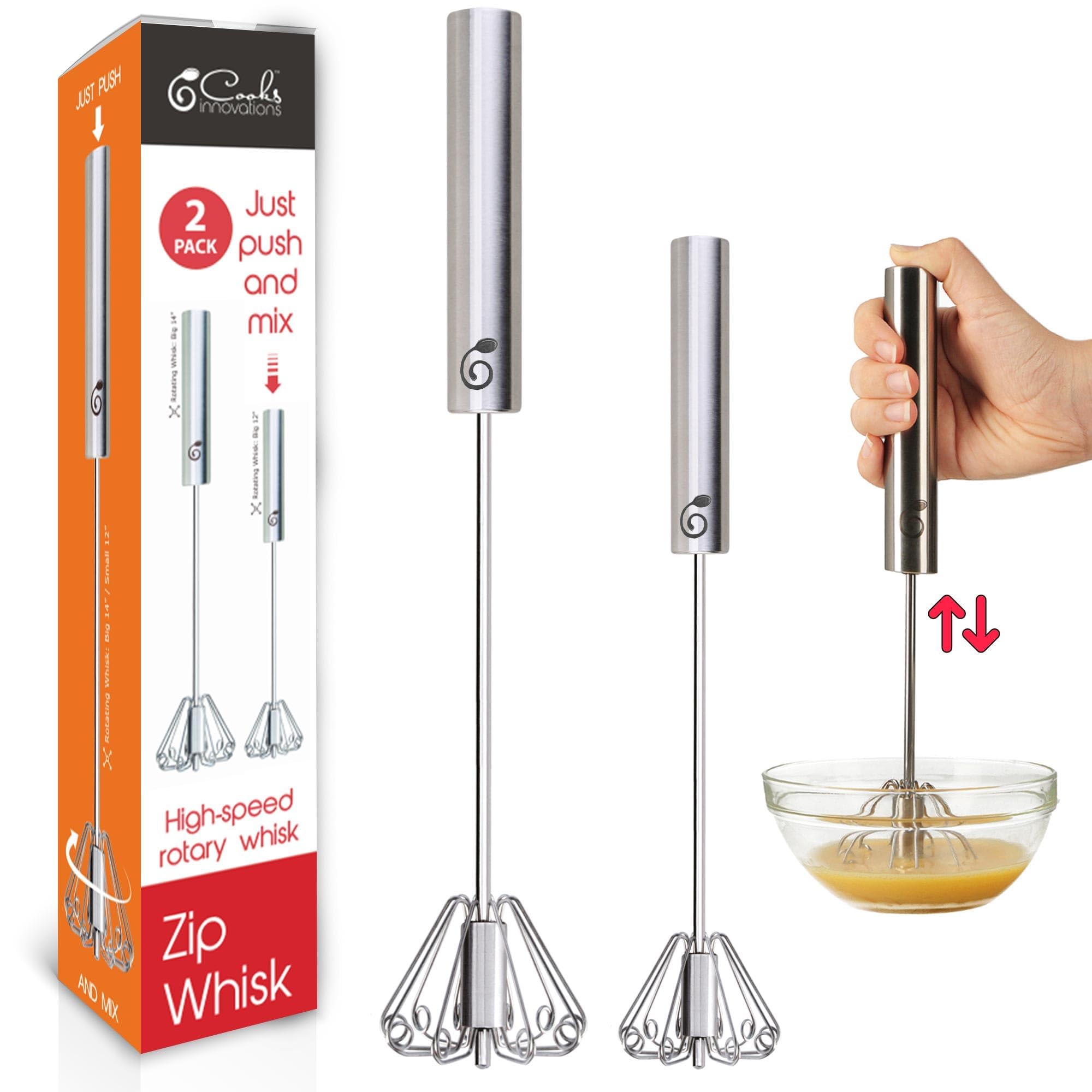 Cooks Innovations front packaging showing two stainless whisks for quick identification and convenience