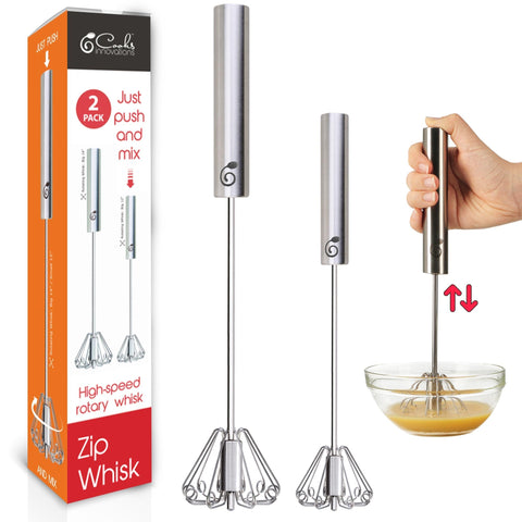 Cooks Innovations front packaging showing two stainless whisks for quick identification and convenience