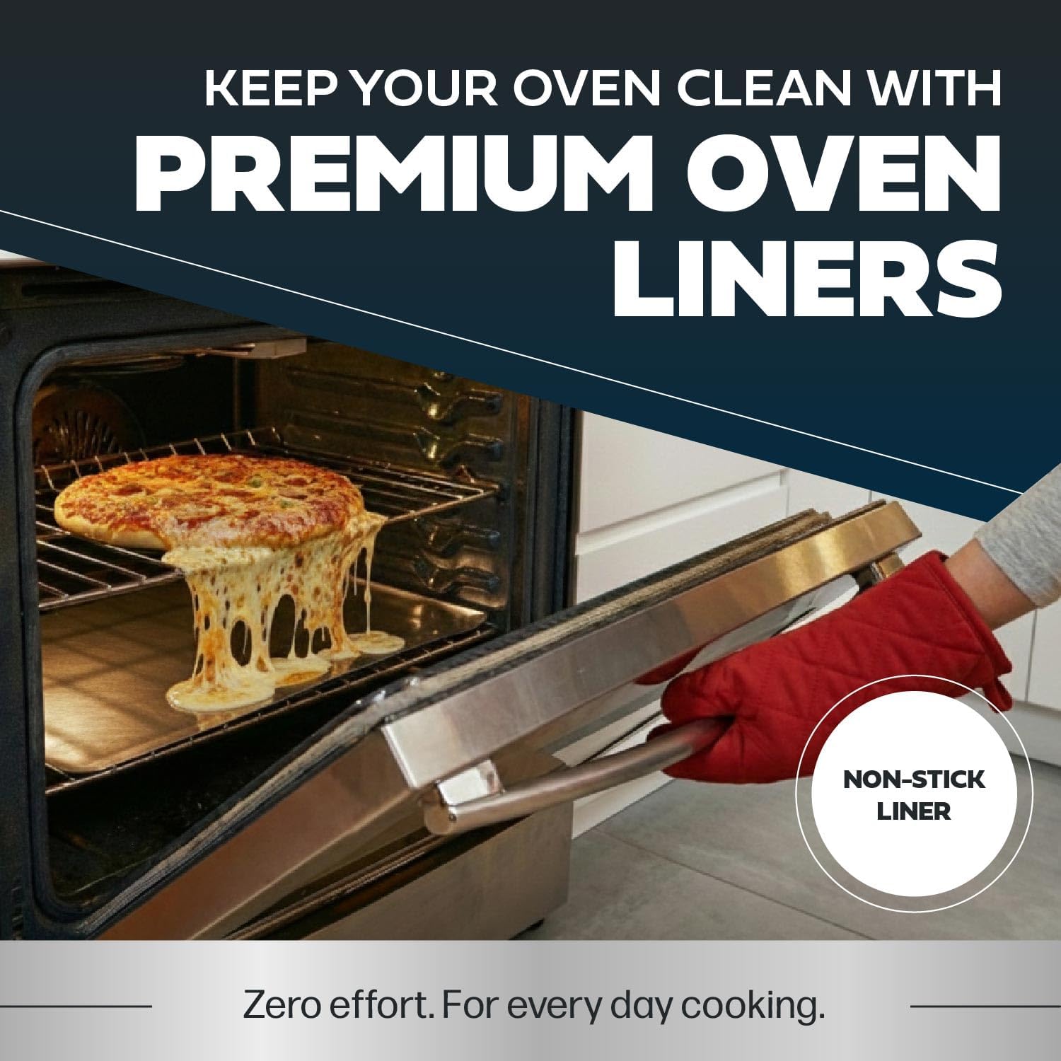 Cooks Innovations liner on lower oven rack catching drips for effortless cleaning