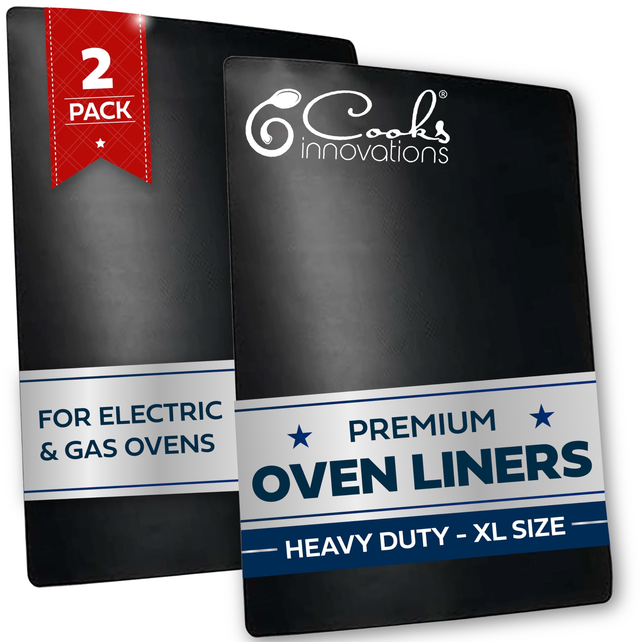 Cooks Innovations packaging front view showing two oven liners and benefits