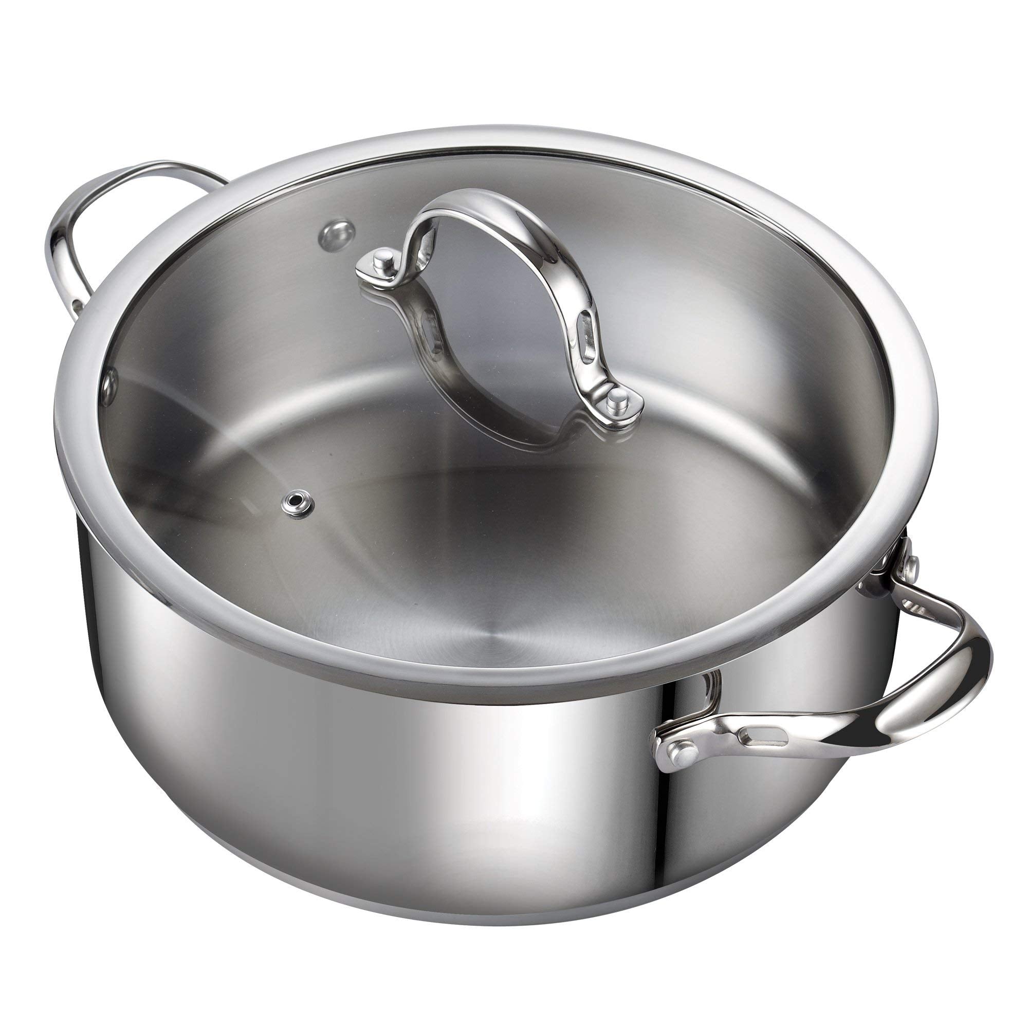 Cooks Standard front view of 7-quart pot showing polished stainless finish and lid, durable cooking