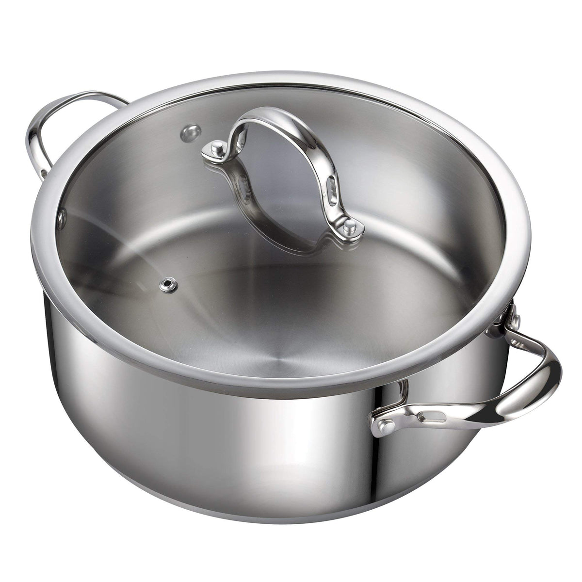 Cooks Standard front view of 7-quart pot showing polished stainless finish and lid, durable cooking