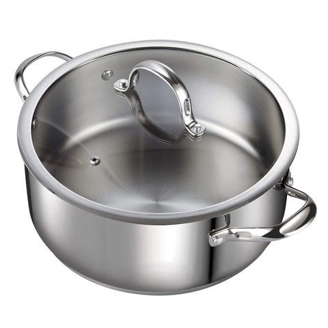 Cooks Standard front view of 7-quart pot showing polished stainless finish and lid, durable cooking