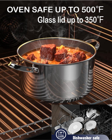 Cooks Standard pot base cross-section showing aluminum disc core for fast, even heat distribution